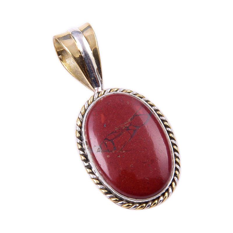 Natural Red Jasper Gemstone 925 Solid Sterling Silver TwoTone Pendant 1.25" j6V50