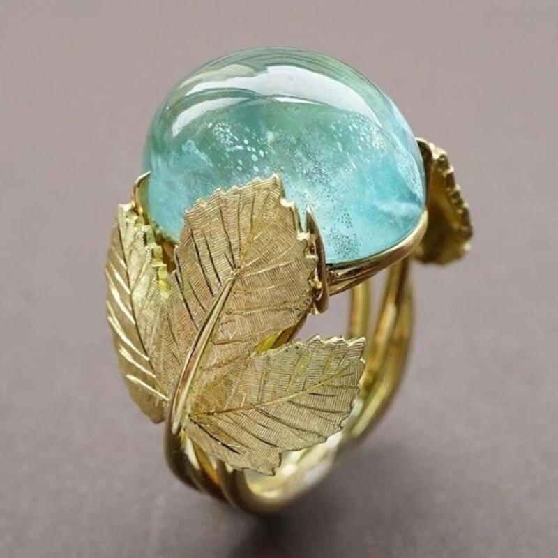 Vintage Gold Color Inlaid Sea Blue Stone Leaf Women's Ring Geometry Carving Daily Wear Party Jewelry