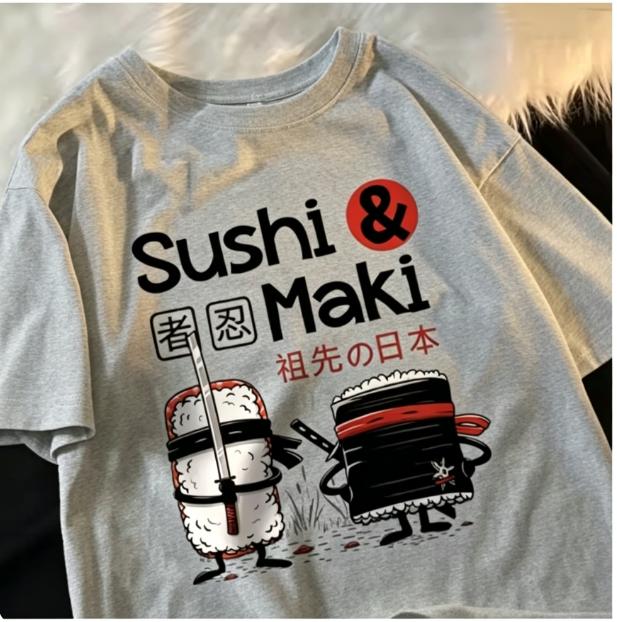 Unisex Cotton TShirt Sushi Print Loose Fit Crewneck Fashion Top for Unisex and WoUnisex Moisture Wicking Breathable Graphic T Shirts