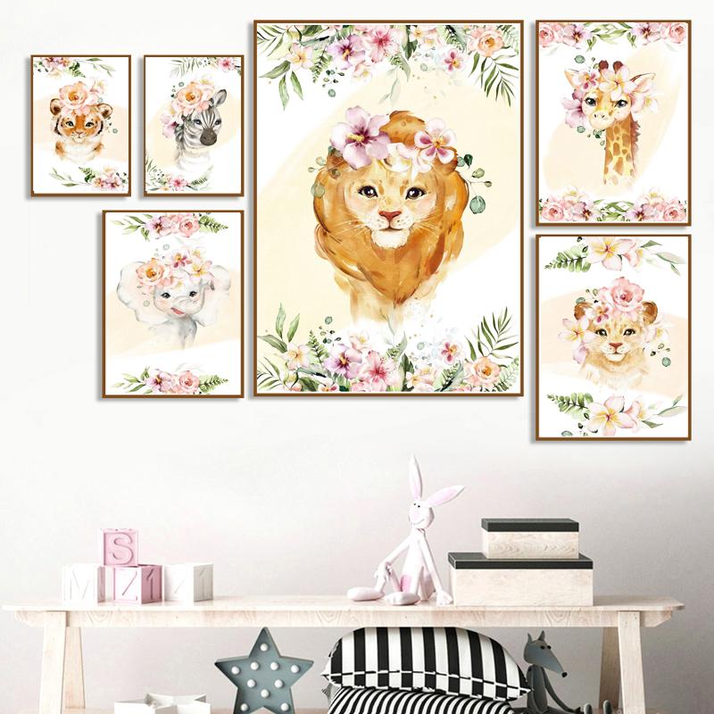 

Милый мультяшный животный рисунок, домашняя стена, современное искусство, принт и постер, цветочный настенный фон, холст, картина для детей, дизайн спальни