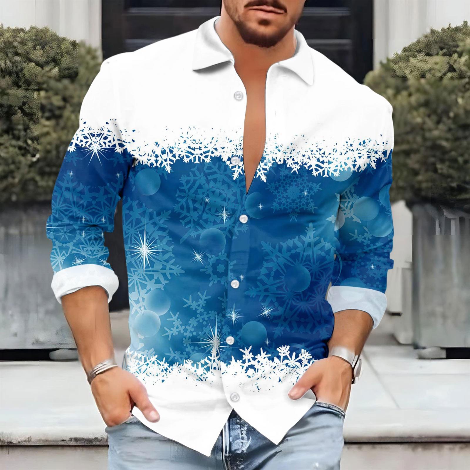 

Мужская рождественская повседневная свободная рубашка с длинными рукавами и принтом M синий