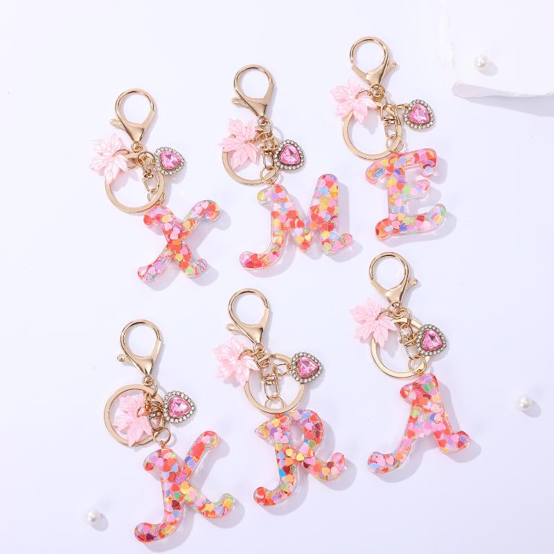 Fashion Pink A To Z Letter Keychain 26 Initials Alphabet Heart Pendant Car Keyring Backpack Hanging Decoration Couple Gift