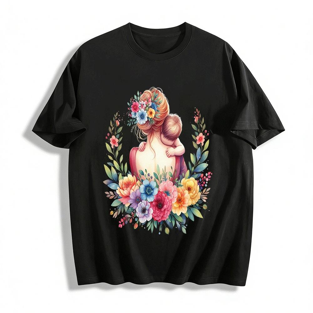 Floral Print Mom And Baby Hug Casual Loose Short Sleeve Top Pure cotton T-shirt XXS