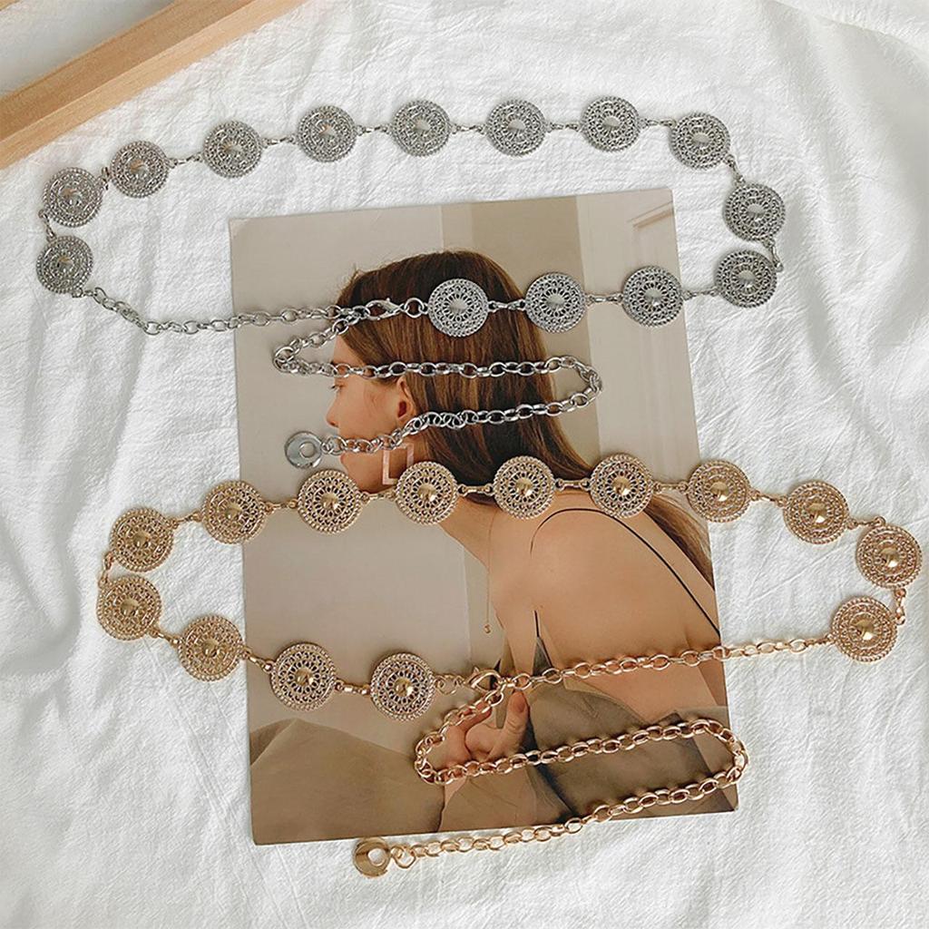 Femei Gol Afară Rotund Metalic Curea Auriu Argintiu Sculptat Lung Lanț Reglabil Curele Elegant Doamnă Fată Rochie Palton Curea Decorativă