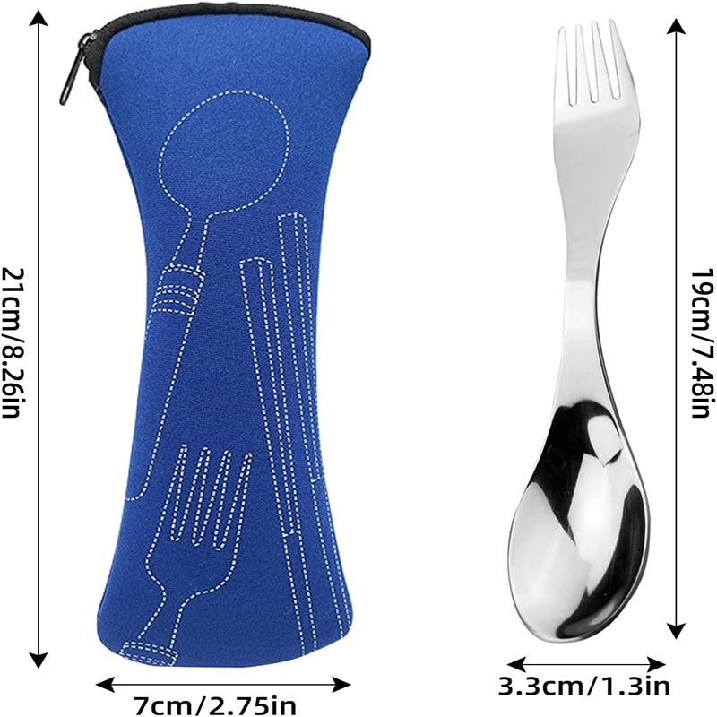 2Pcs Stainless Steel Spork 2-in-1 Spoon with Cutlery Bag Portable Camping Spork Reuseable Spoon Fork Kit Flatware Kitchen Tools4