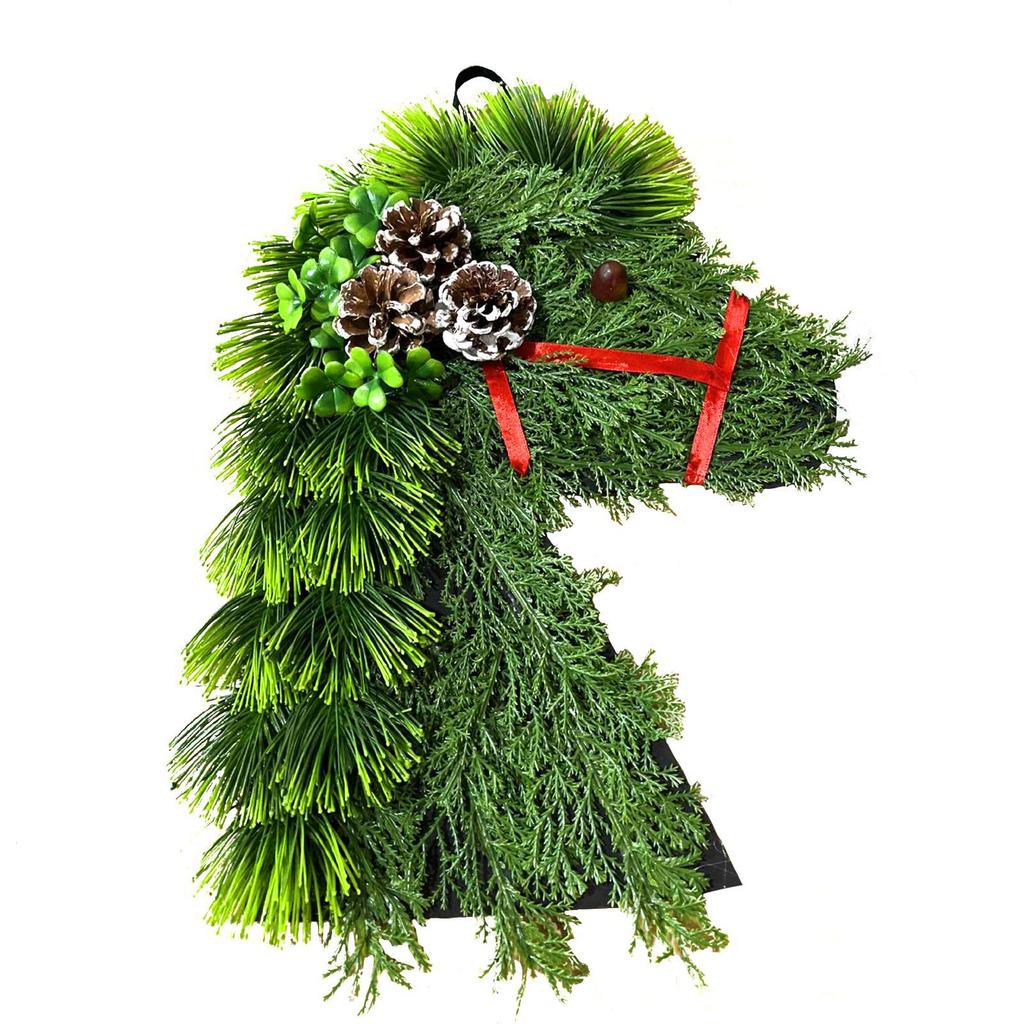 One-to-one replica of the popular Christmas wreath featuring animal farm designs, pine cones, and a horse head, handmade