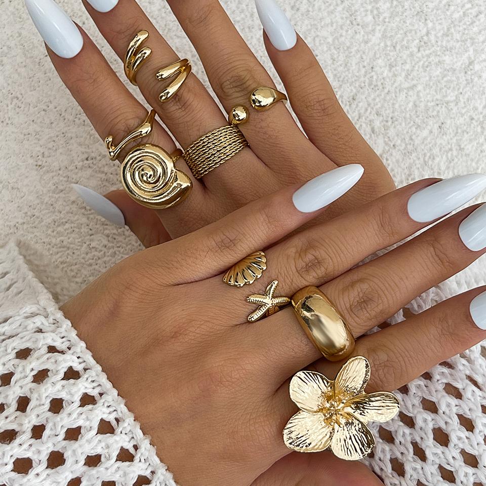 

Ingemark 8Pcs/Set Vintage Metal Petal Flower Water Drop Open Rings for Women Trend Goth Geometric Ring Daily Jewelry Gift