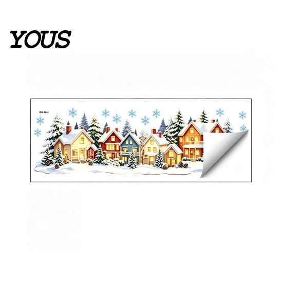 Seasonal Home Decoration Christmas Snow Village Static Window Cling, Glowing Warm Scenery Sticker Snowy Wall Decals for Glass, Snowman House