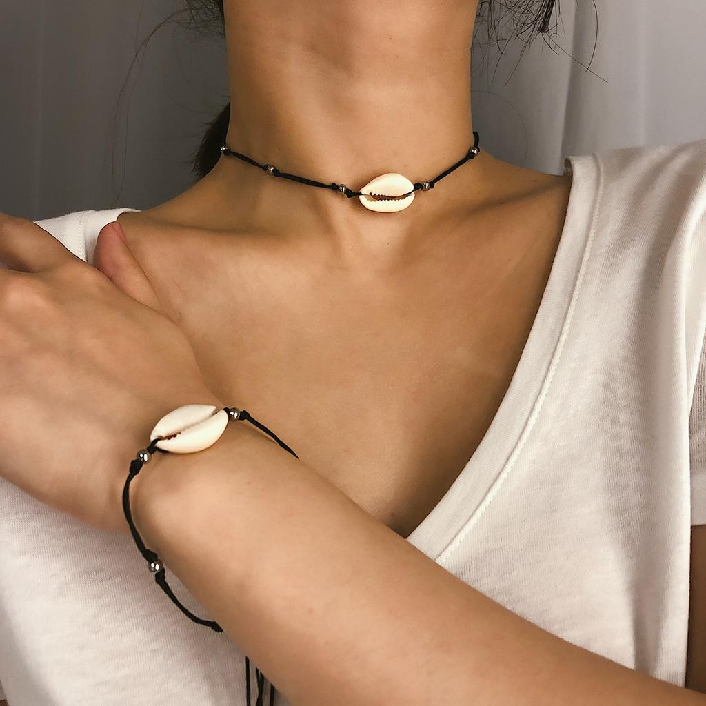 Simple Ethnic Style Shell Necklace, Handmade Beaded Adjustable Neck Chain Bracelet