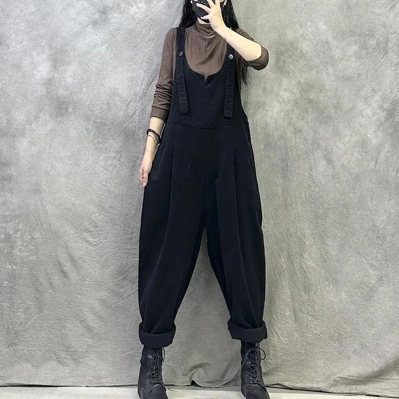 

Ретро Комбинезон Женский Осенний Свободный и Тонкий Однотонный На Все Случаи Жизни Повседневные Брюки M чёрный