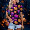 Women's Fashion Casual Button Down Short Sleeve Halloween Print Polo Shirt with Double Side Slits