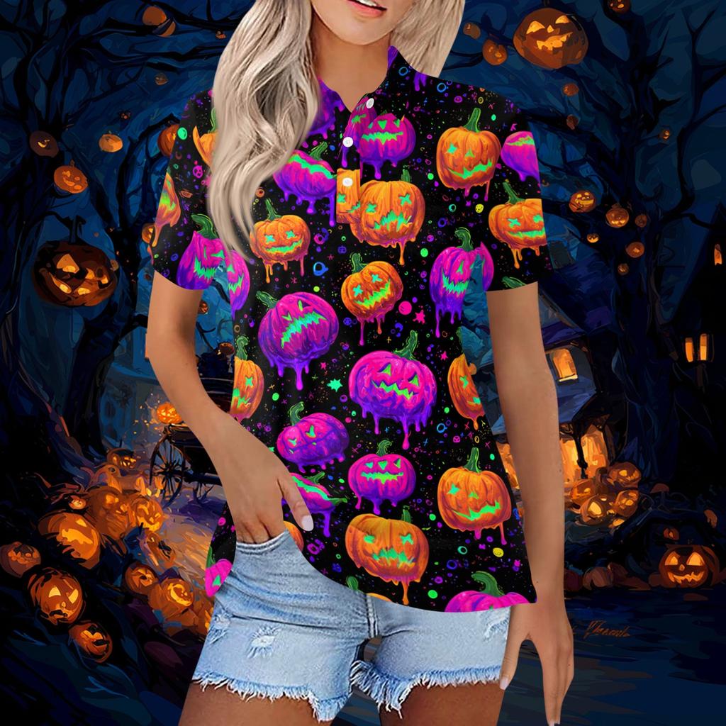 Women's Fashion Casual Button Down Short Sleeve Halloween Print Polo Shirt with Double Side Slits