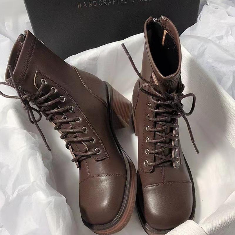 Fashion Women's Coarse Heel Fashion Rear Zipper Ankle Boots Round Head Lace-up Short Boots Women Temperament Soft Sole Boots Botas Mujer