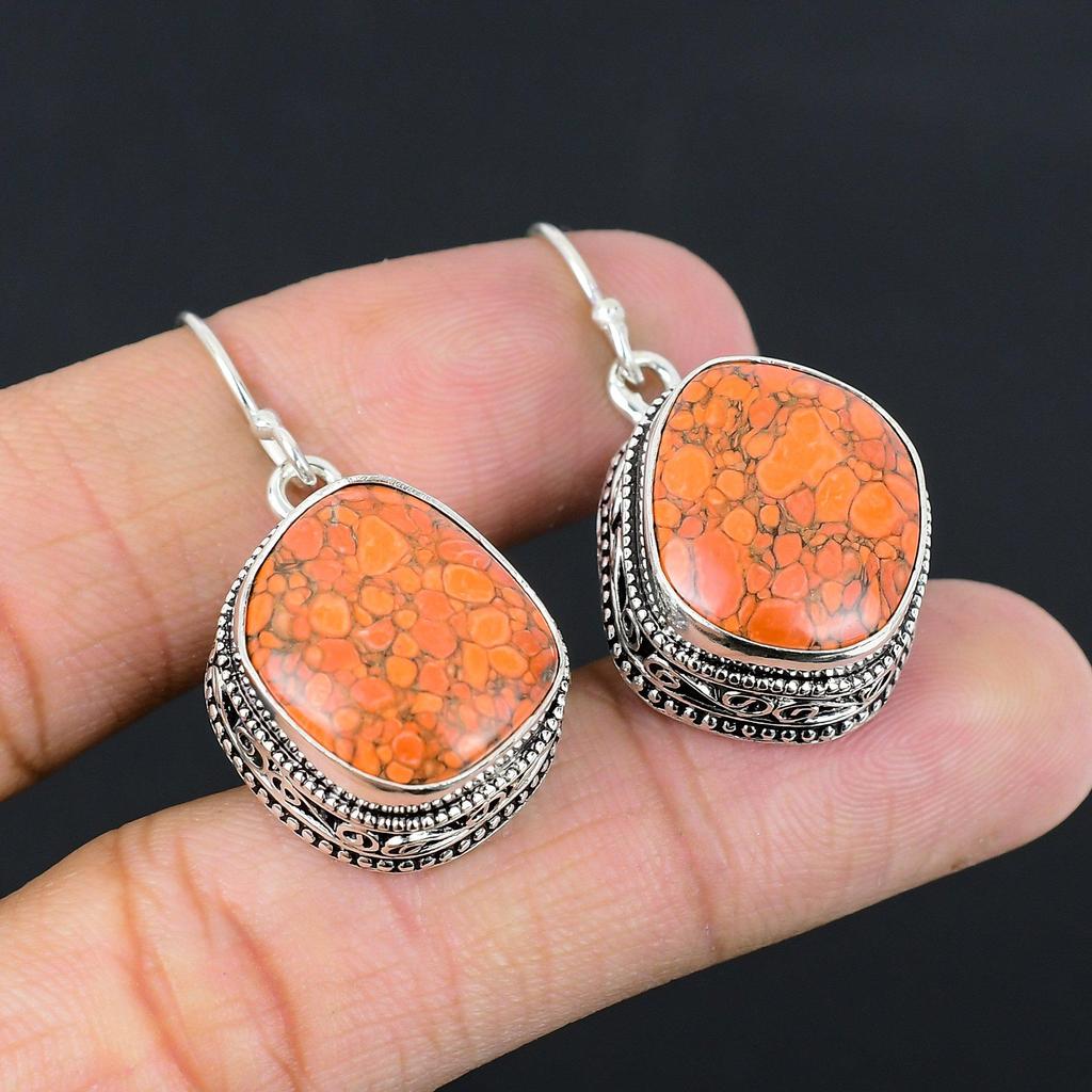 925 Sterling Silver December Orange Turquoise Stone Drop Mother Earrings Jewelry