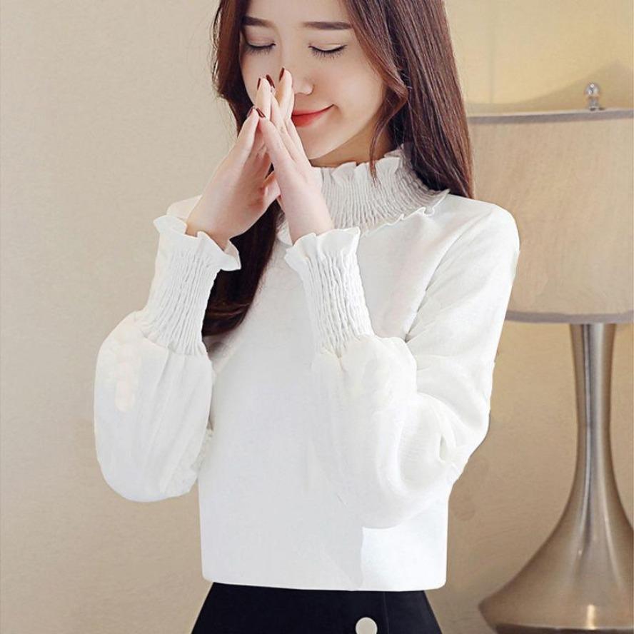 

YYFS Женская мода повседневная весна осень однотонный принт длинный рукав полуводолазка блузки и рубашки XXXL белый