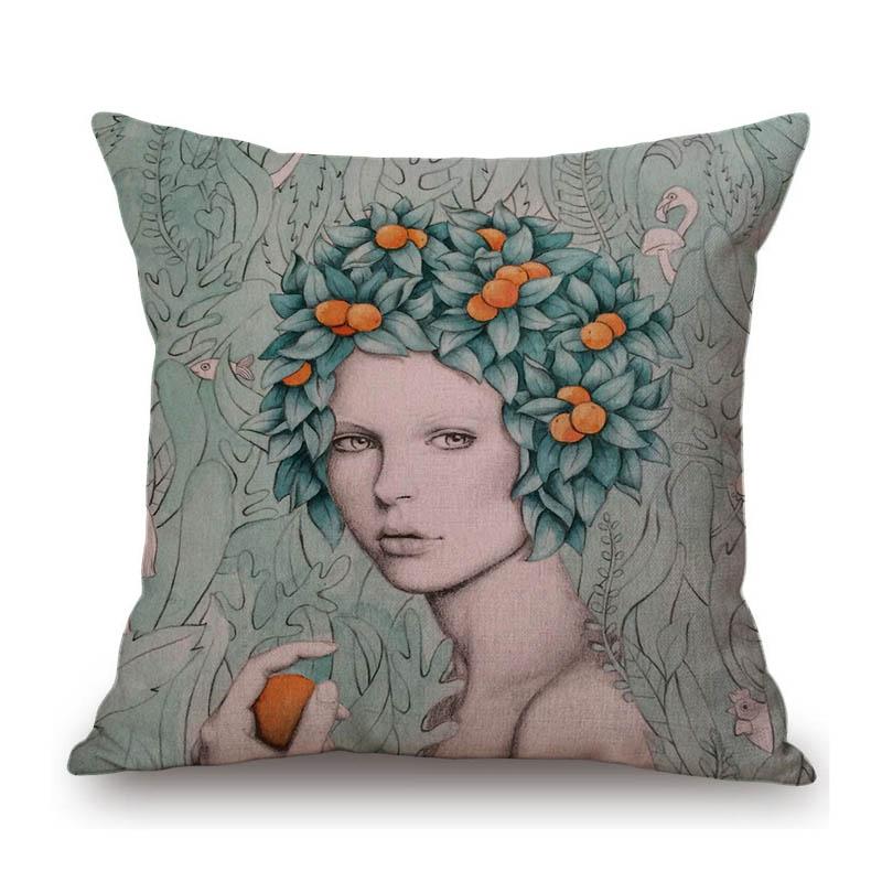 Vintage Argentina Artist Flower Leaves Background Fashion Girl Comic Beautiful Cotton Linen Sofa Pillow Case Cute Cushion Cover