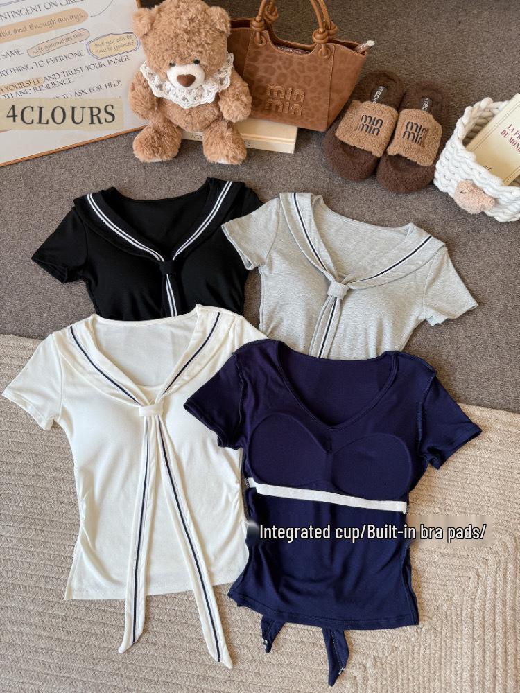 Korean Style Sailor Collar White T-shirt with Side Slit - Slimming, Flattering, and Pleated Cropped Design (2026)
