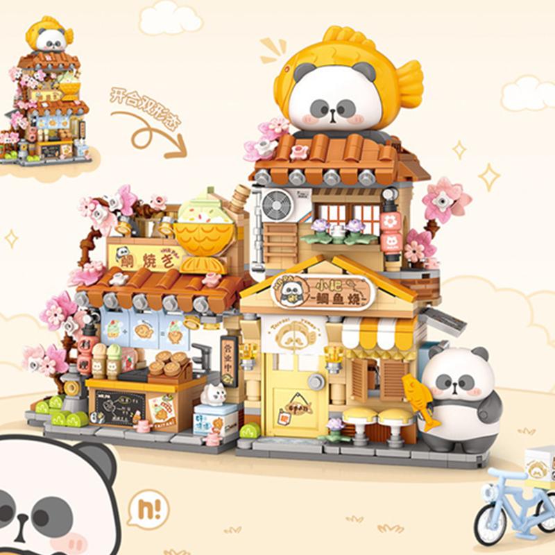New Panda Restaurant Taiyaki Flower Store Street View Shop Food House Building Blocks Kit Girls Bricks Model Kids Toy Children