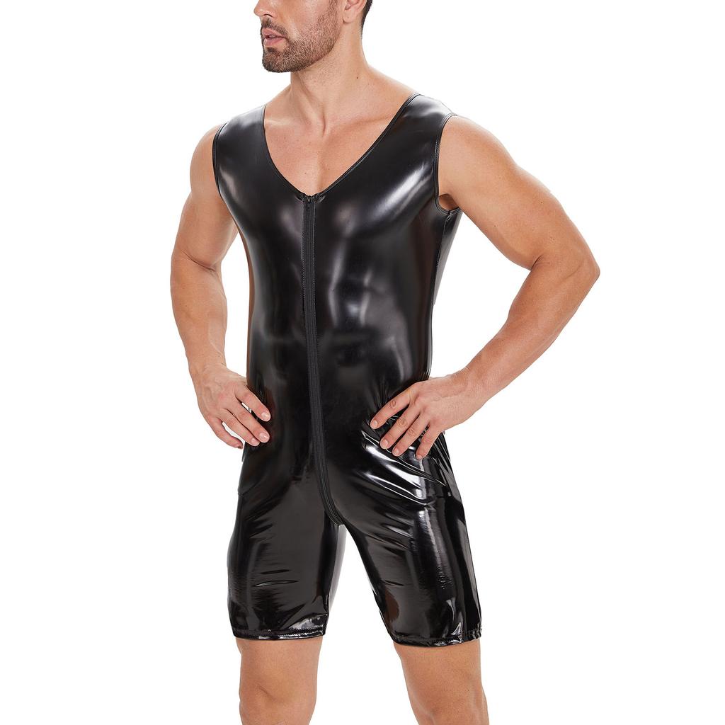 Ανδρικά αμάνικα λουστρίνι Jumpsuit Wet Look Φερμουάρ Καβάλο Γυαλιστερό κορμάκι Εσώρουχα Club Pole Dancing Στολή Μαύρο Clubwear