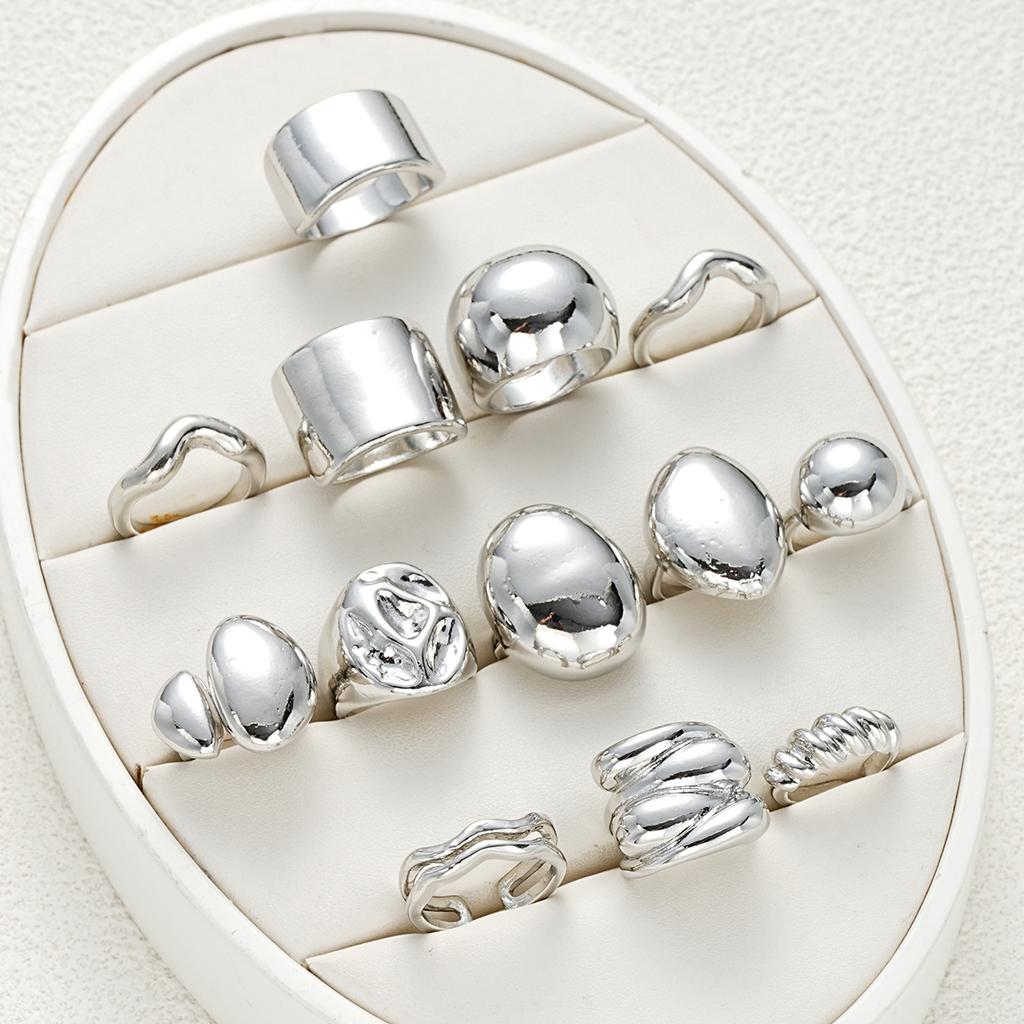 13 Pcs Punk Smooth Open Ring Set Fashion Silver Color Smooth Geometric Adjustable Metal Rings Women's Aesthetics Party Jewelry