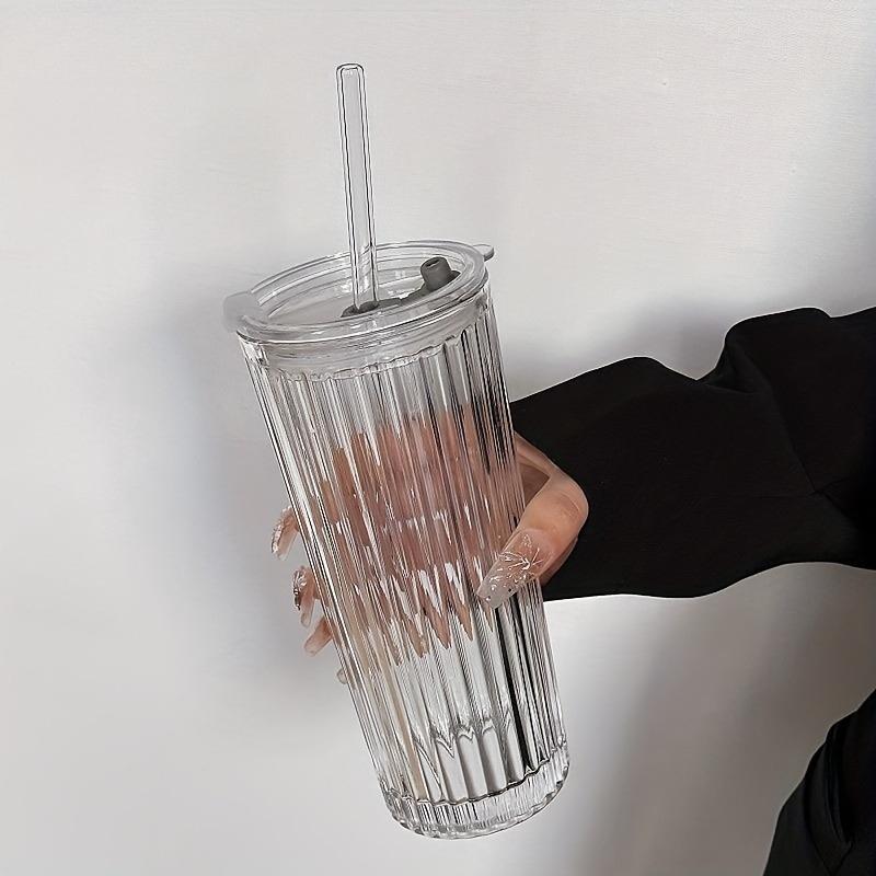 1PCS Crystal Grid Glass Tumbler with Straw & Lid Diamond or Vertical Stripe Texture Large Capacity Reusable Cup for Iced Coffee