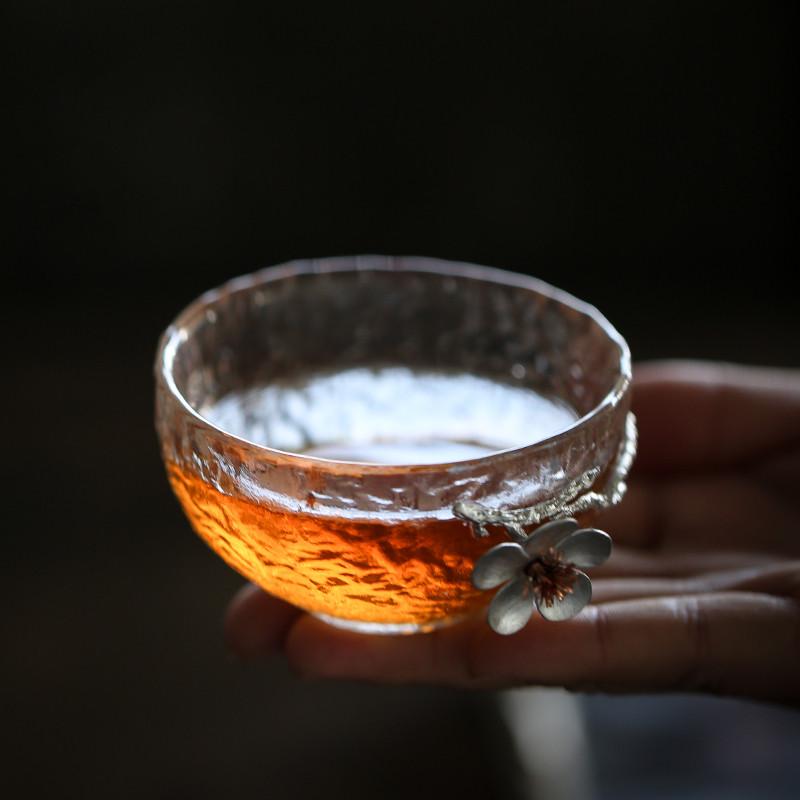 Japanese Style Glass Tin Plum Blossom Water Cup Flower Kung Fu Tea Drinking Mug Transparent Teacup