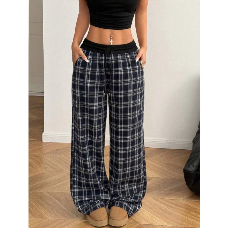 Women's Black White Plaid Wide-Leg Pants Elastic Waist Drawstring Casual Trousers