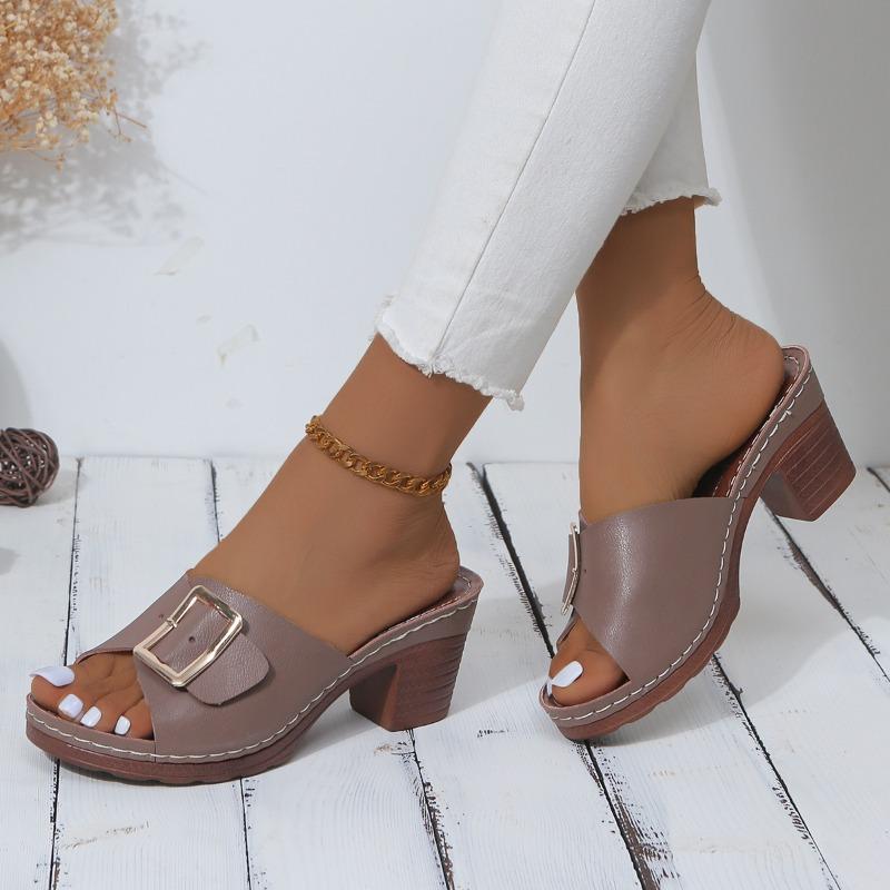 Summer new large size one-word fashion wear metal buckle sandals women's high-heeled slippers