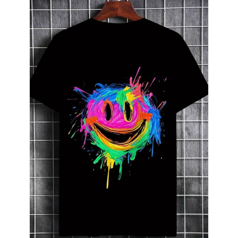 European Sizes Men's Casual T-Shirt for Restaurant Wear, Black Fabric with Vibrant Rainbow Smile Design, Comfortable and Durable, Ideal for Daily Use