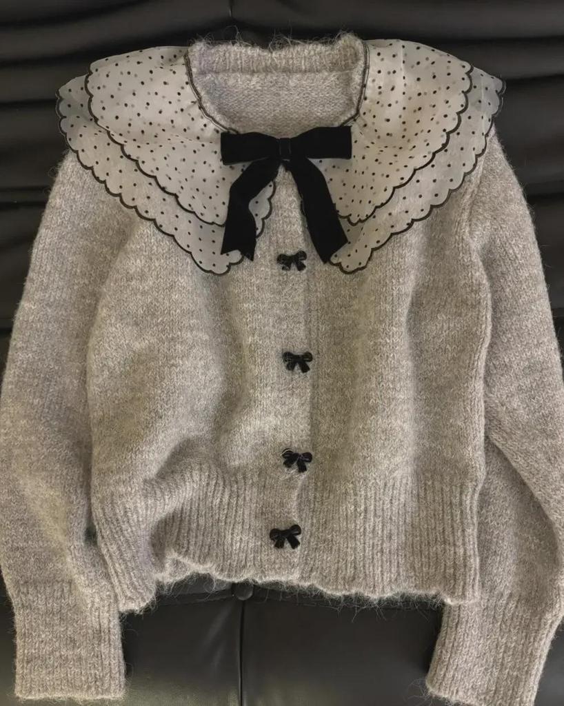 Women's Cozy Gray Knit Cardigan with Doll Collar - Korean Autumn/Winter Style