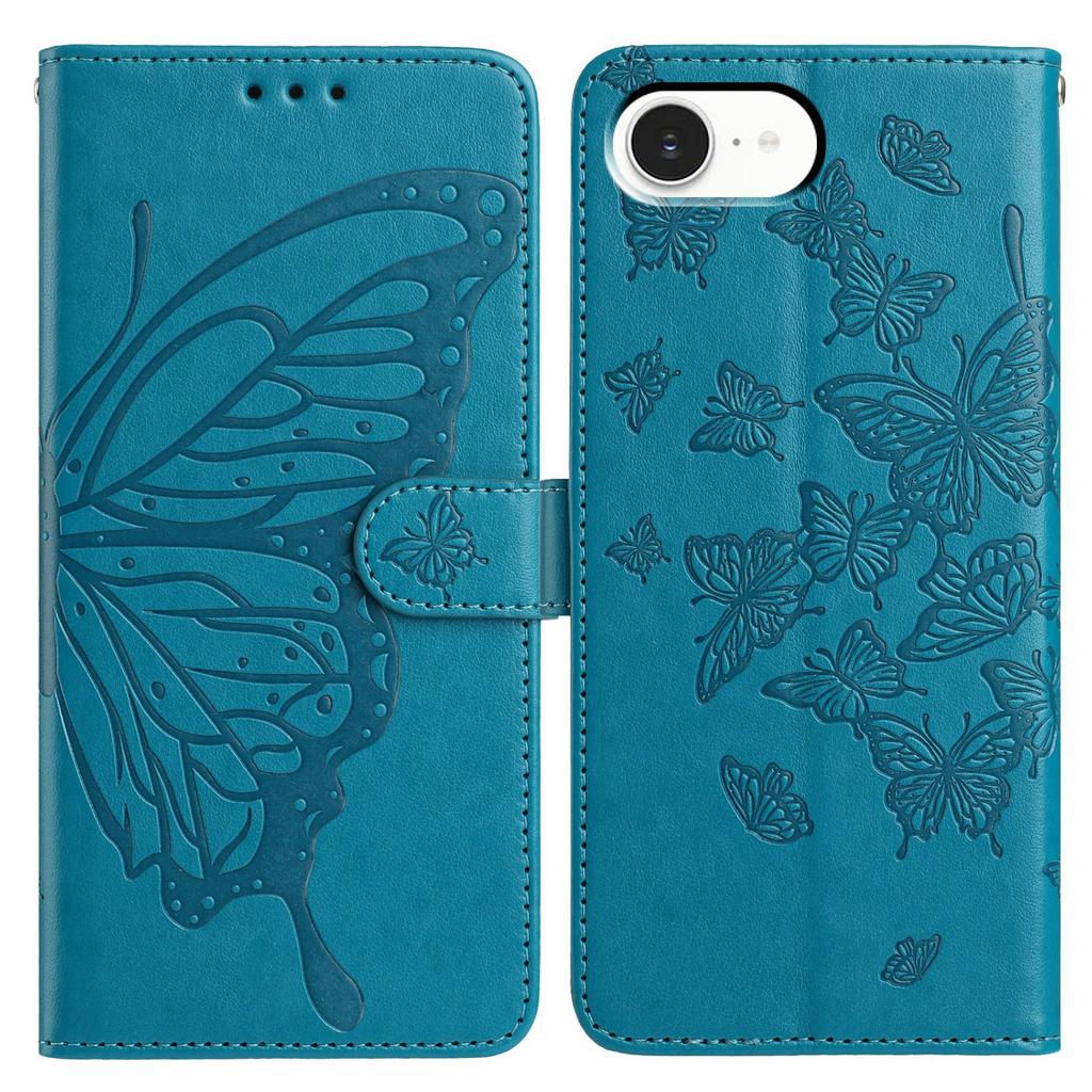 For iPhone 16e Case Butterfly Imprinted Wallet Stand PU Leather Flip Phone Cover with Strap