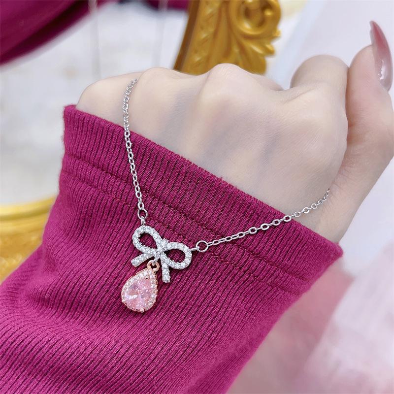 Pink Zirconia Bow Necklace for Women - Versatile, Fashionable, and Exquisite Clavicle Chain