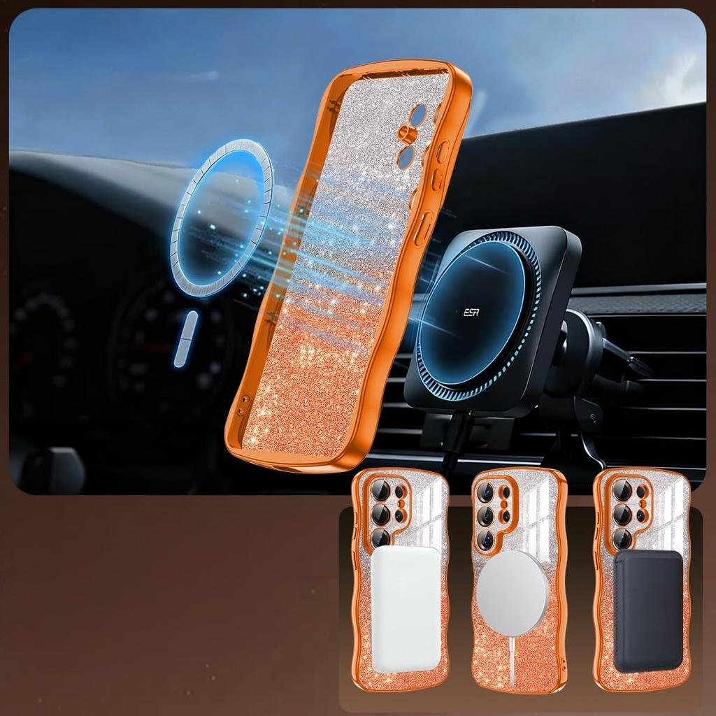 Luxury Glitter for Magsafe Case For Samsung Galaxy S26 Ultra S25 S24 Plus Plating Soft TPU Wireless Charging Wave Frame Cover