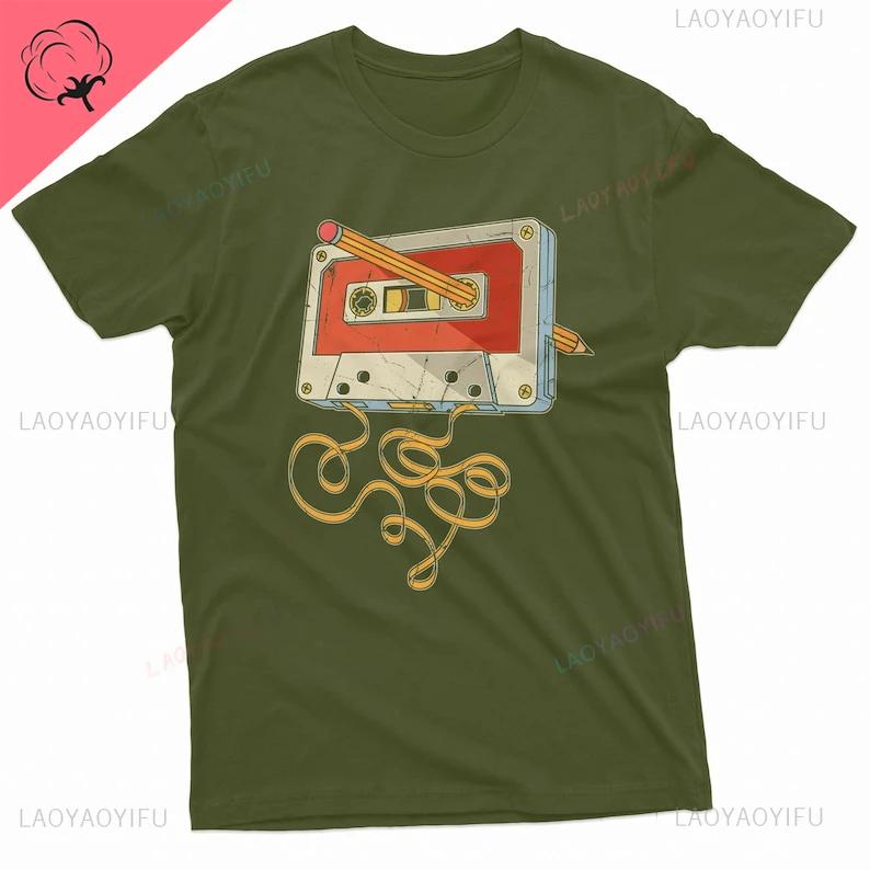 Men's Vintage Cassette Tape with Pencil T-shirt 80s 90s Born Nostalgic Birthday Gift Christmas Funny Tee Summer Summer Clothing