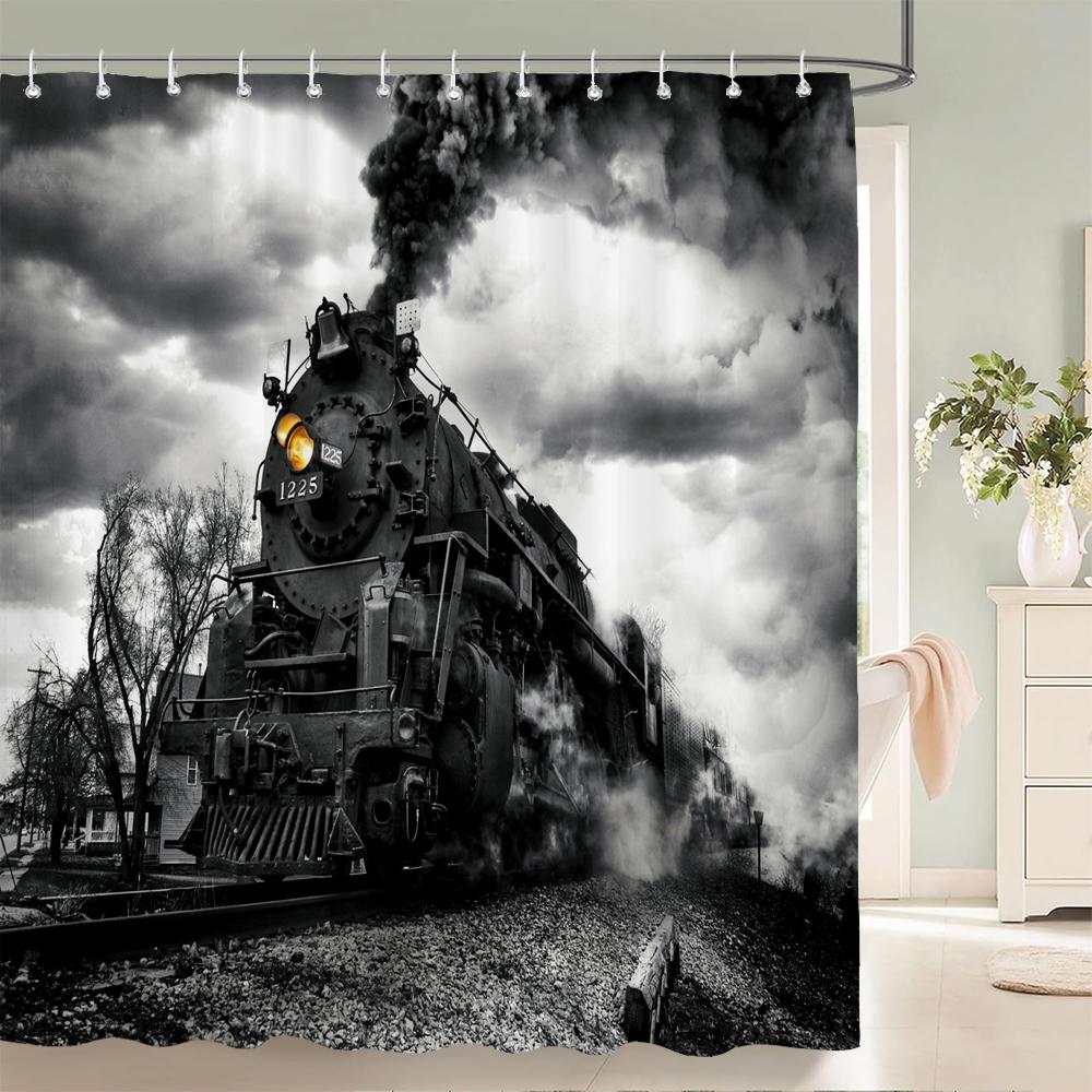 Retro and Old Age of Steam Train Shower Curtain 3d Printed Polyester Fabric Waterproof Bathroom Curtain Decoration With Hooks