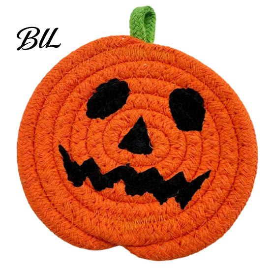 Halloween Kitchen Tableware Pumpkin Cotton Rope Coaster, Handwoven Placemat with Funny Face, Iron Reusable Drink Coasters Craft Table Mat for
