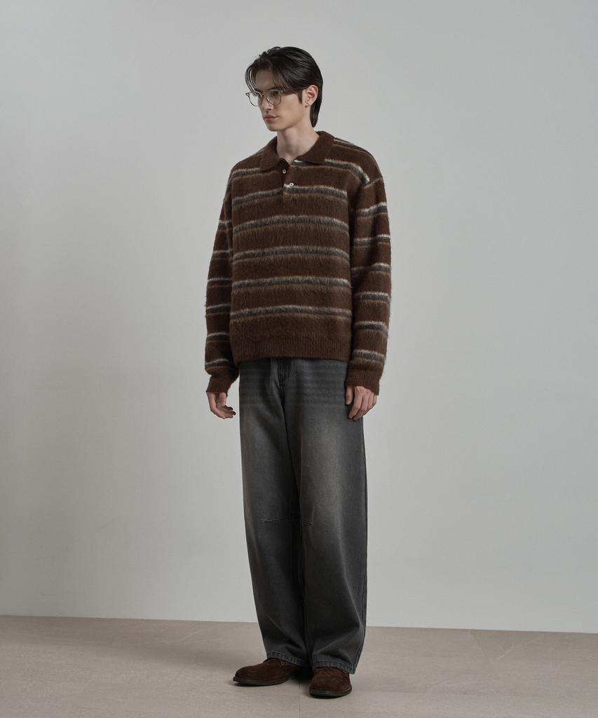 WORK ON BODY OFF Lanugo Semi-Overfit Striped Brush Collar Knit [Brown]