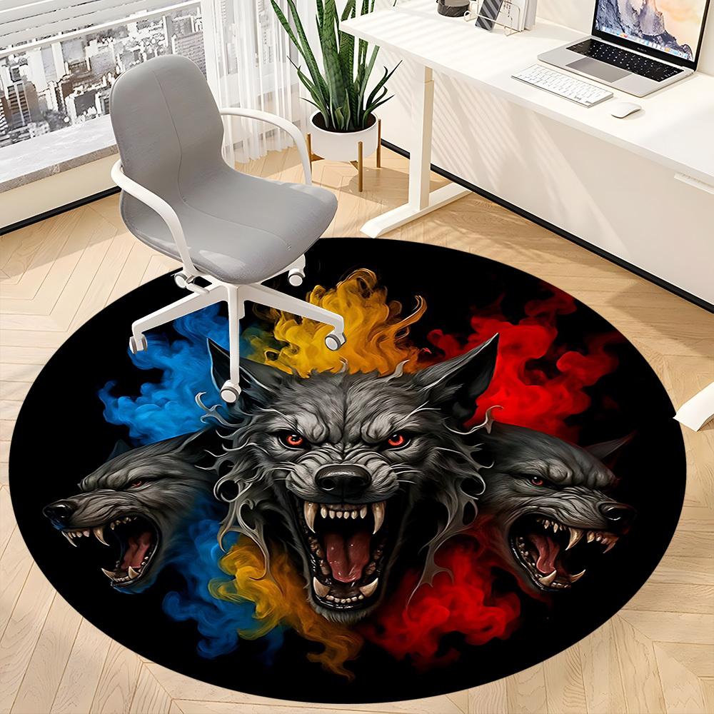 1pc Wolf Head Chair Carpet for Office, Round Polyester Mat, Indoor Decor for Office, Easycare Fabric, Washable Non-slip Area Carpet