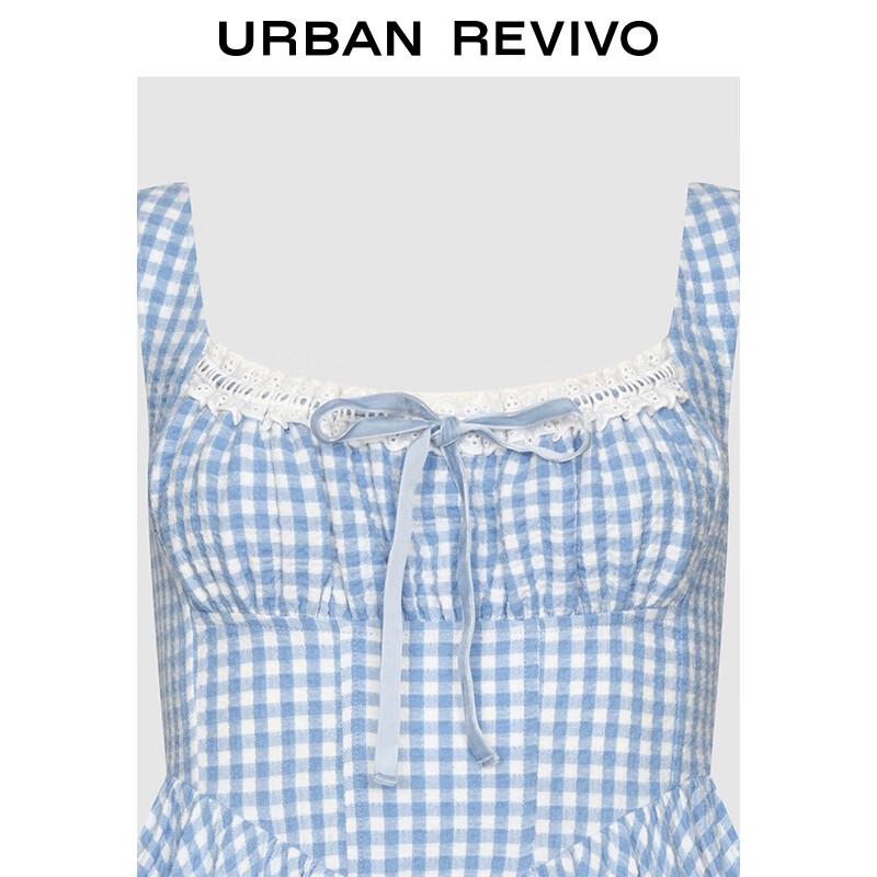 UR 2025 Summer Lace Gingham Shirring Mini Dress