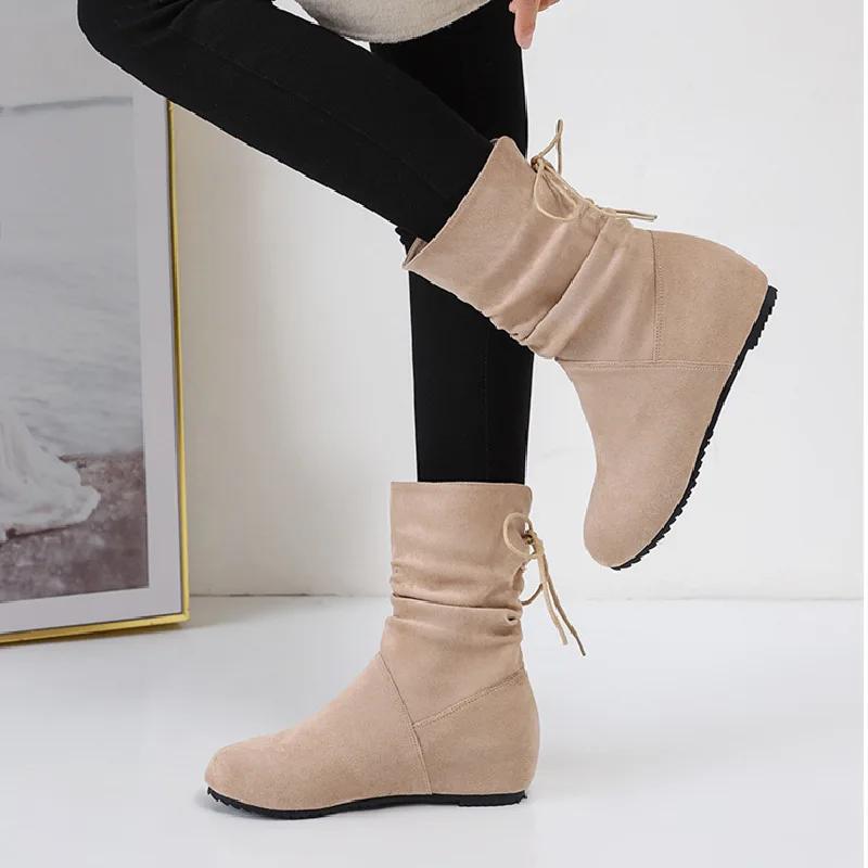 Plus Size Women's Flat Bottom Soft Fleece Short Boots Retro Style round Toe Cotton Lined Warm And Comfortable for Winter