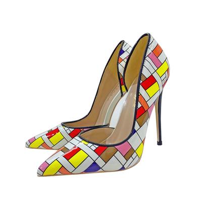 Women's Sexy 12cm Color Checkered High Heels, Patent Leather, Pointed Fashion Party Shoes, Dress Shoes, Thin Heels 10cm
