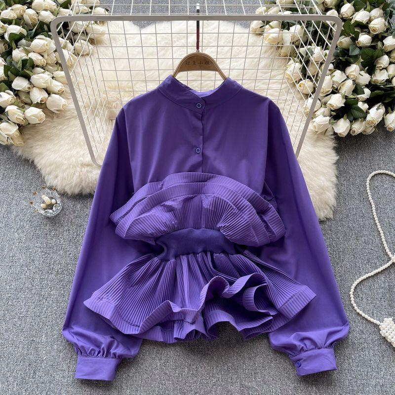 Socialite Puff Sleeves Autumn Waist Trimming Ruffles Shirt