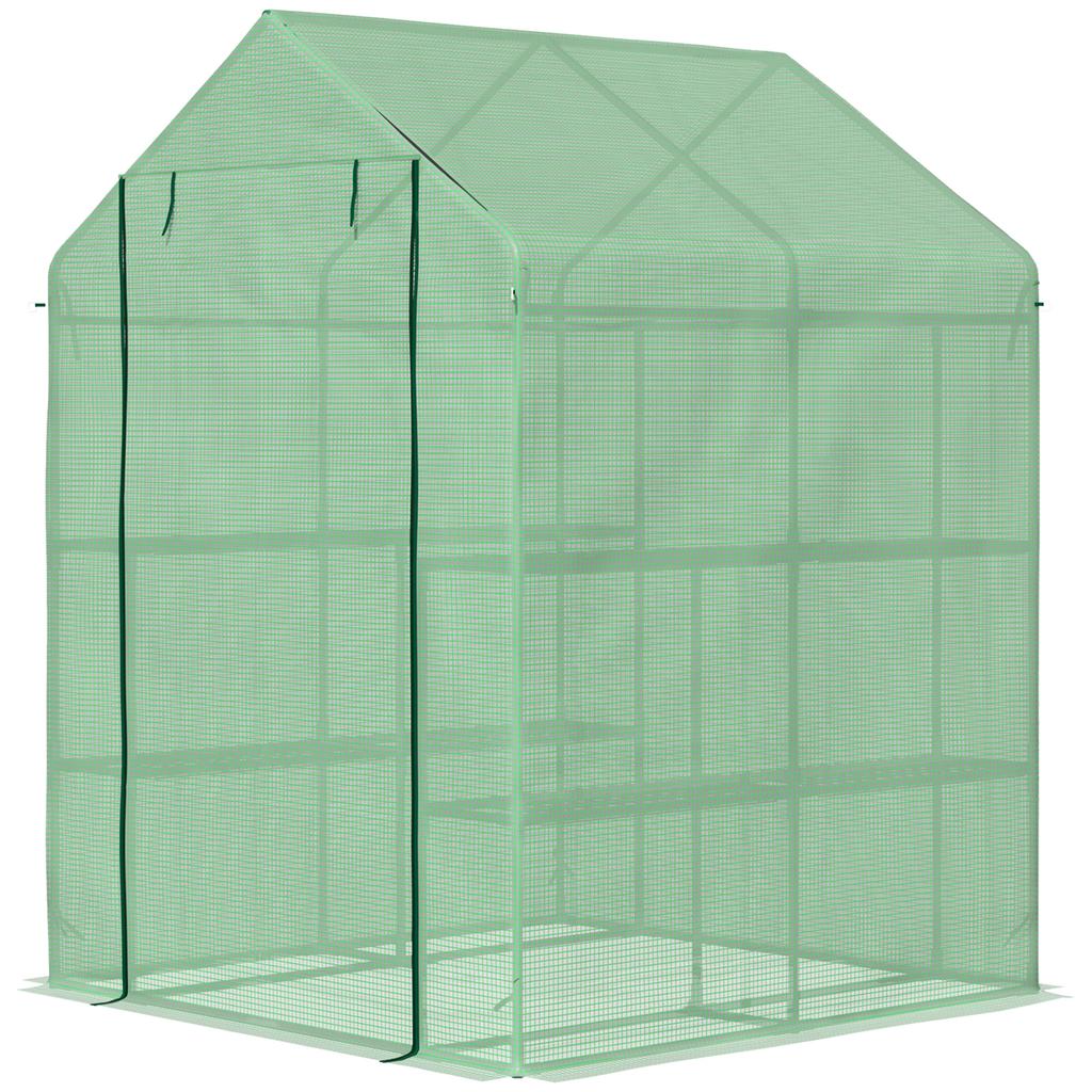 Foil Greenhouse Walk-In Greenhouse with 8 Shelf Levels Tomato Greenhouse Hothouse Cold Frame with Door Green Steel PE Plastic 143 X 138 X 190 Cm