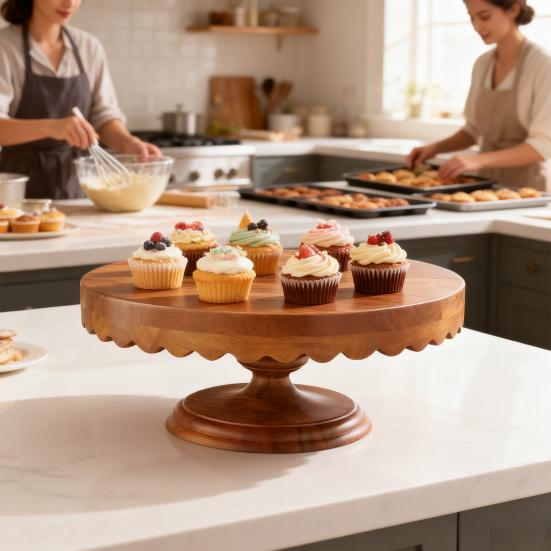 Runder Kuchenständer aus Holz mit gewelltem Rand Dessert-Präsentationsplatte Multifunktionales Charcuterie-Brett Cupcake-Halter-Ständer Obstteller Küchenhelfer