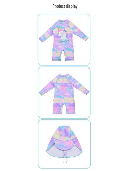 Girls' Unicorn Long-Sleeve Swimsuit with Swim Cap - Sun Protection Surf Suit