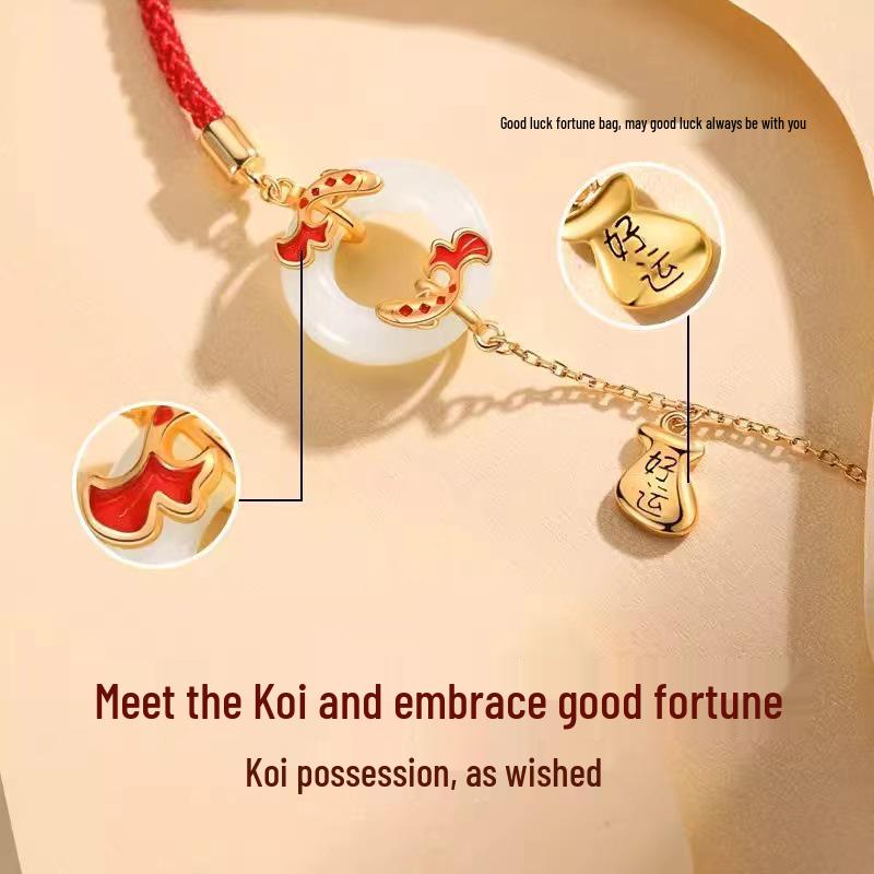 Koi & Hetian Jade Ping'an Buckle Bracelet: 2024 Stylish Red Rope with Auspicious Symbol, Perfect Gift for Women.