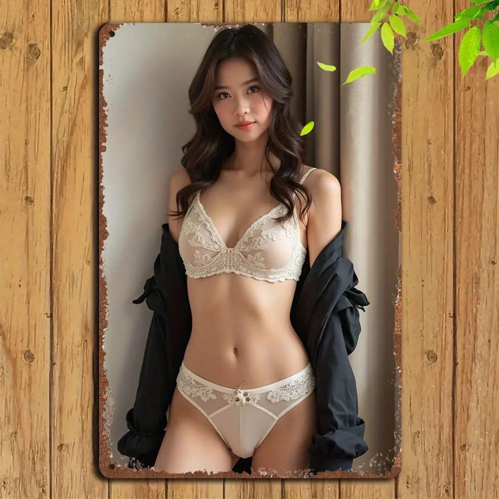 

Bohemian Retro Metal Tin Sign Beige White Women Model Underwear Wall Art 8x12 Inch Aluminum Poster for Bedroom Bar Cafe F 20x30cm