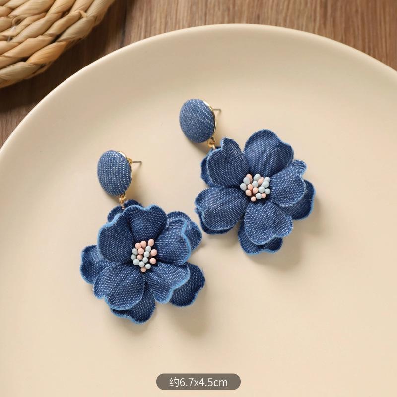 Retro denim blue flower stud earrings - camellia-shaped earrings