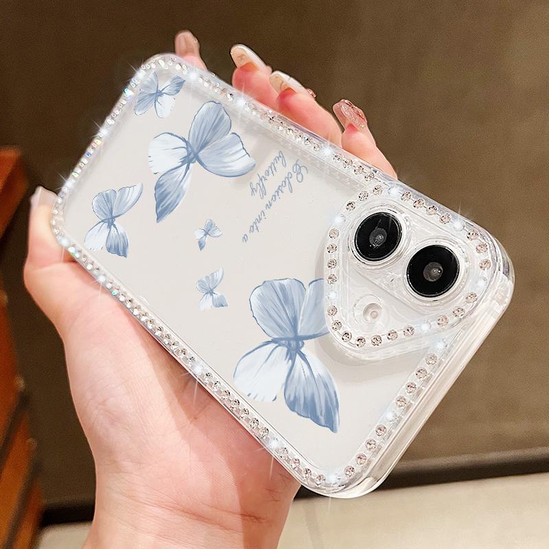For iPhone 16 Pro 16E 15 Pro Max 14 13 12 11 Phone Case Diamond Frame Butterfly Print Clear Shockproof Soft Silicone Anti-Fall Bumper Cover