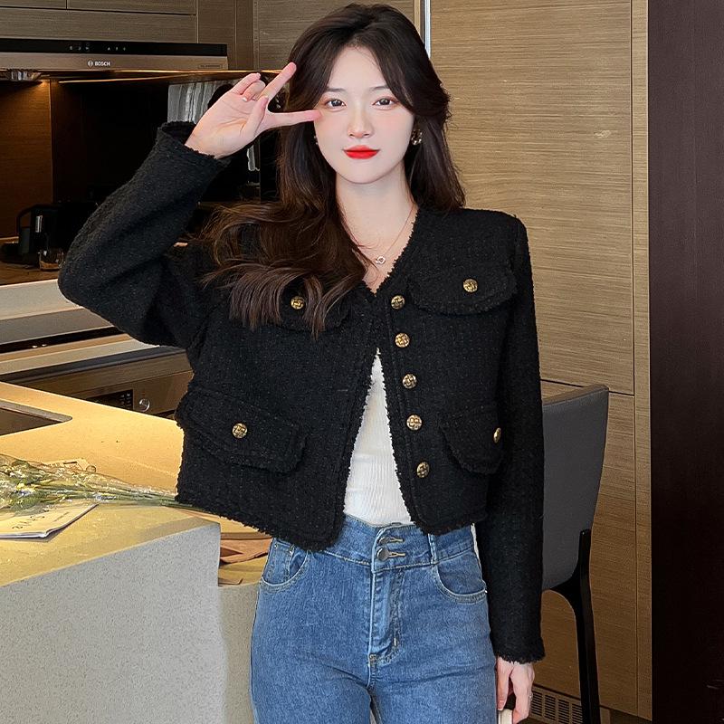 Real Shot Fashionable Women's Black Wool Xiang-Style Loose Short Jacket - Spring/Autumn Socialite Wear